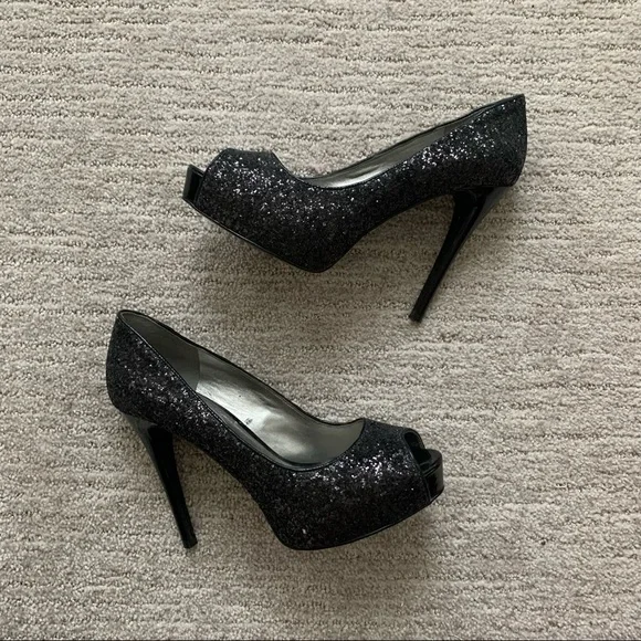Guess Shoes Guess Patches Black Glitter Peep Toe Platform